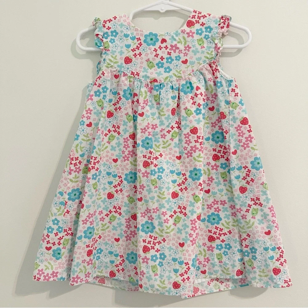 Carter's Green Pink and Blue Pleated Sundress with Frogs and Strawberry Hearts